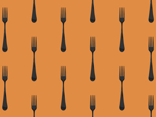 pattern. Fork top view on yellow orang background. Template for applying to surface. Horizontal image. Flat lay. 3D image. 3D rendering.