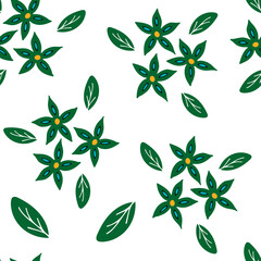 Seamless Repeat Pattern with Flowers and Leaves on white background. Hand drawn fabric, gift wrap, wall art design.