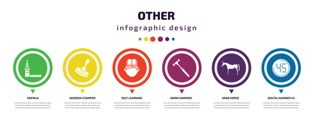 other infographic element with icons and 6 step or option. other icons such as kremln, wooden stamper, self learning, work hammer, arab horse, digital number 45 vector. can be used for banner, info