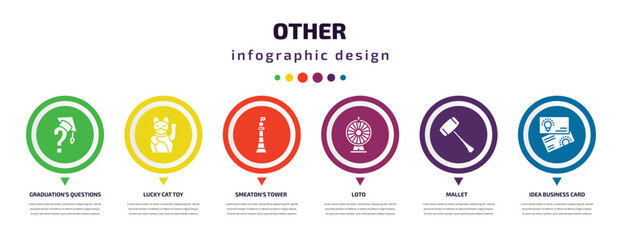 other infographic element with icons and 6 step or option. other icons such as graduation's questions, lucky cat toy, smeaton's tower, loto, mallet, idea business card vector. can be used for