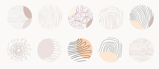 Set of round abstract black backgrounds or patterns. Hand drawn doodle shapes. Modern trendy illustration, poster, icon for social media, bloggers, photographers