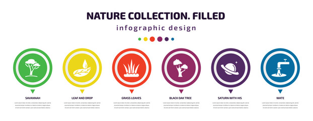 nature collection. filled infographic element with icons and 6 step or option. nature collection. filled icons such as savannah, leaf and drop, grass leaves, black oak tree, saturn with his ring, © Farahim