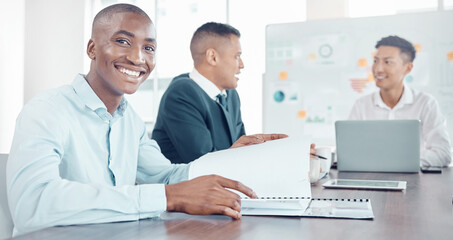 Fototapeta na wymiar Report, marketing and businessman with a smile in a meeting, planning and working in collaboration. Portrait of a black man reading paper, documents and notes on strategy for partnership with workers