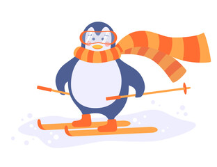 A penguin is skiing in the snow