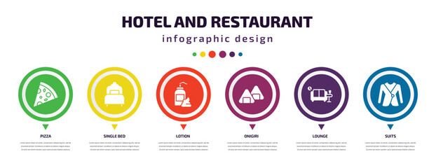 hotel and restaurant infographic element with icons and 6 step or option. hotel and restaurant icons such as pizza, single bed, lotion, onigiri, lounge, suits vector. can be used for banner, info