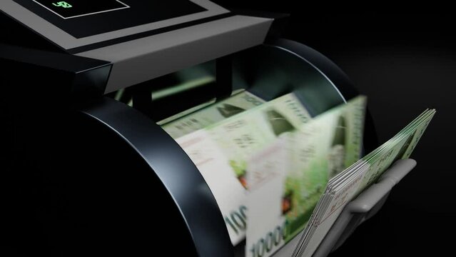 10000 South Korean won in cash dispenser. Withdrawal of cash from an ATM. Financial transaction in the bank terminal. KRW.