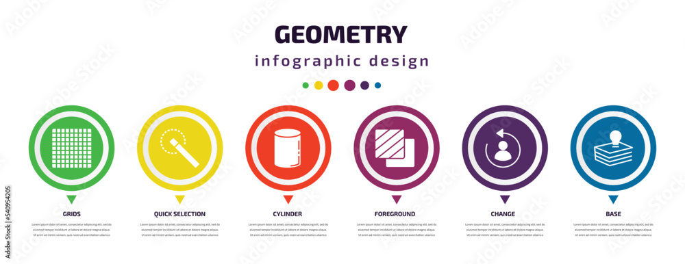 Poster geometry infographic element with icons and 6 step or option. geometry icons such as grids, quick se
