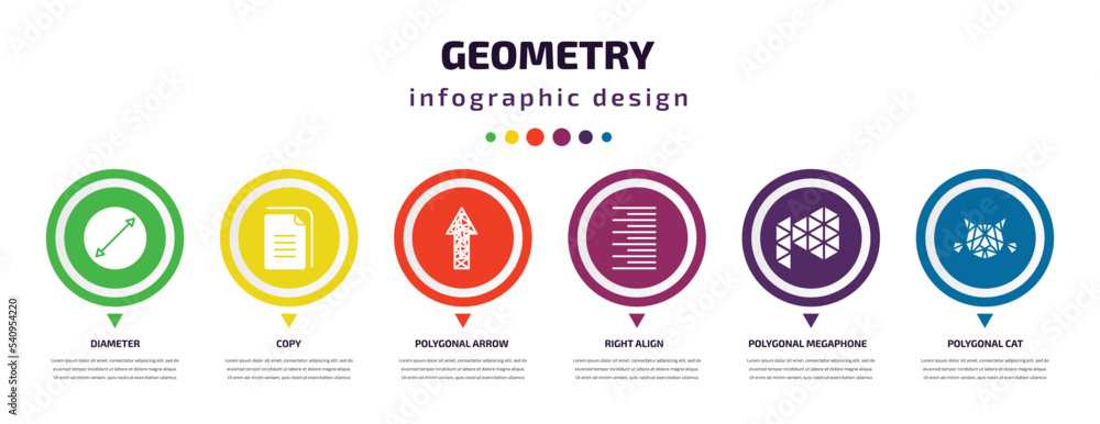 Poster geometry infographic element with icons and 6 step or option. geometry icons such as diameter, copy,