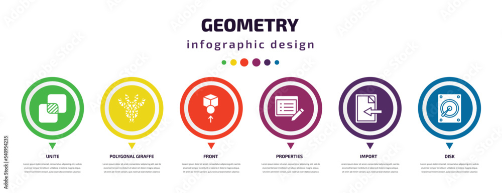 Poster geometry infographic element with icons and 6 step or option. geometry icons such as unite, polygona
