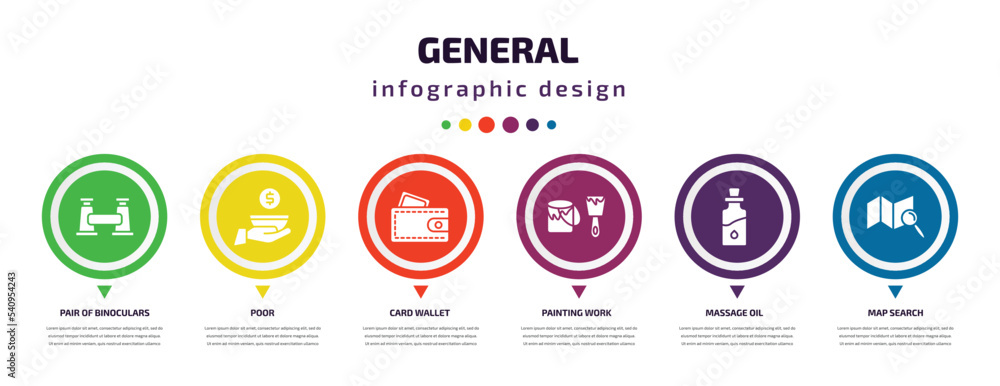 Poster general infographic element with icons and 6 step or option. general icons such as pair of binocular