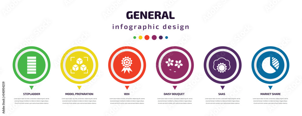Poster general infographic element with icons and 6 step or option. general icons such as stepladder, model