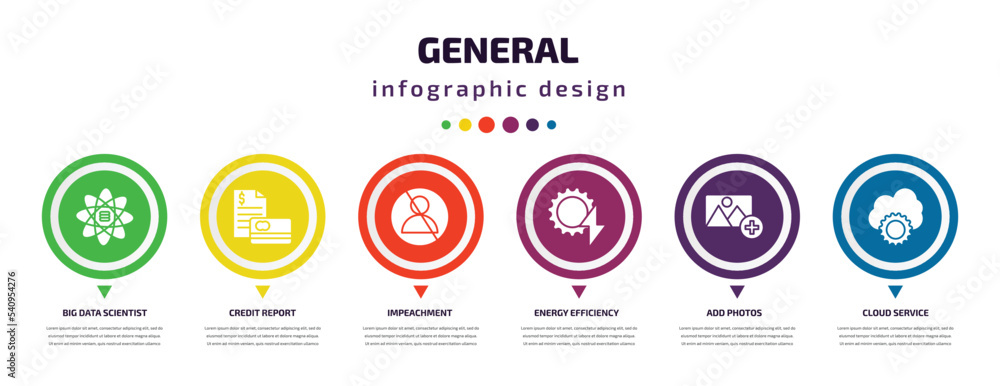 Aufkleber general infographic element with icons and 6 step or option. general icons such as big data scientis