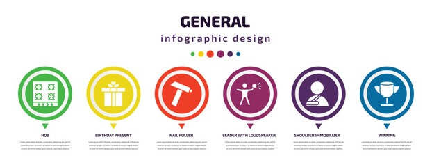 general infographic element with icons and 6 step or option. general icons such as hob, birthday present, nail puller, leader with loudspeaker, shoulder immobilizer, winning vector. can be used for