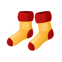 Warm knitted yellow-red socks with snowflakes. Vector illustration in cartoon style.