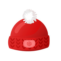 Knitted red hat. Vector illustration of winter clothes in cartoon style