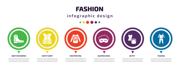 fashion infographic element with icons and 6 step or option. fashion icons such as boot for women, safety shirt, man printing, sleeping mask, outfit, pajamas vector. can be used for banner, info