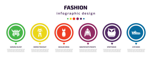 fashion infographic element with icons and 6 step or option. fashion icons such as samurai helmet, women tracksuit, neckline dress, sweater with pockets, sportswear, gym shoes vector. can be used