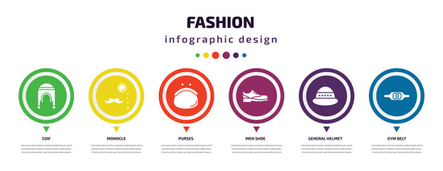 fashion infographic element with icons and 6 step or option. fashion icons such as coif, monocle, purses, men shoe, general helmet, gym belt vector. can be used for banner, info graph, web,