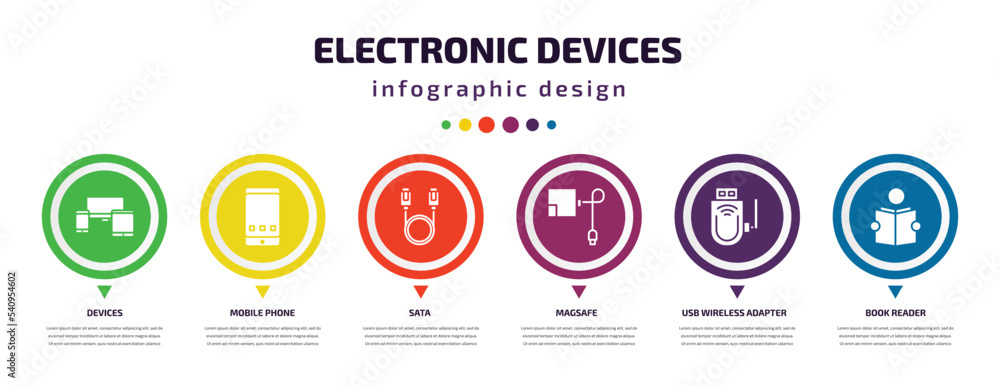 Poster electronic devices infographic element with icons and 6 step or option. electronic devices icons suc