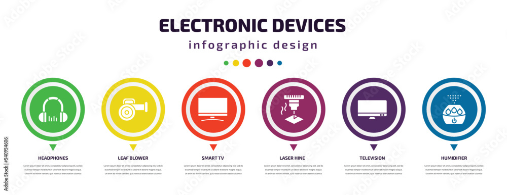 Poster electronic devices infographic element with icons and 6 step or option. electronic devices icons suc