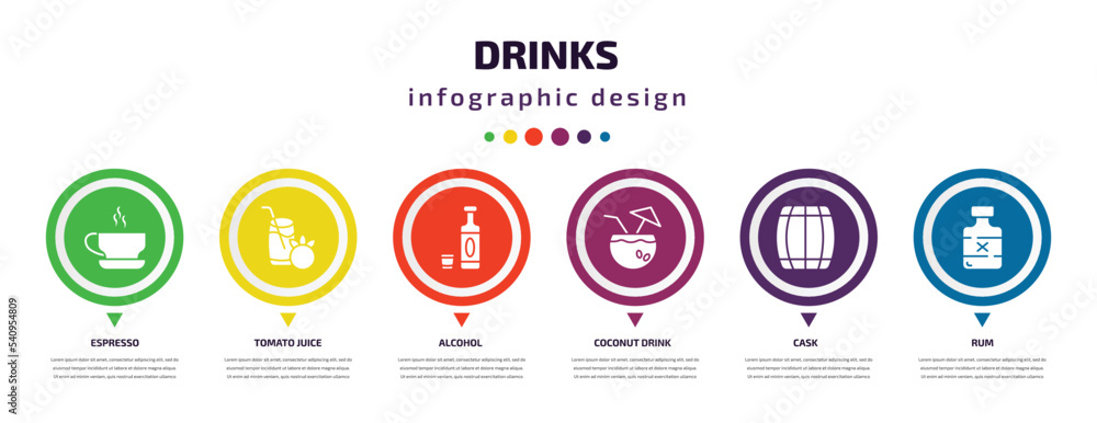 Poster drinks infographic element with icons and 6 step or option. drinks icons such as espresso, tomato ju