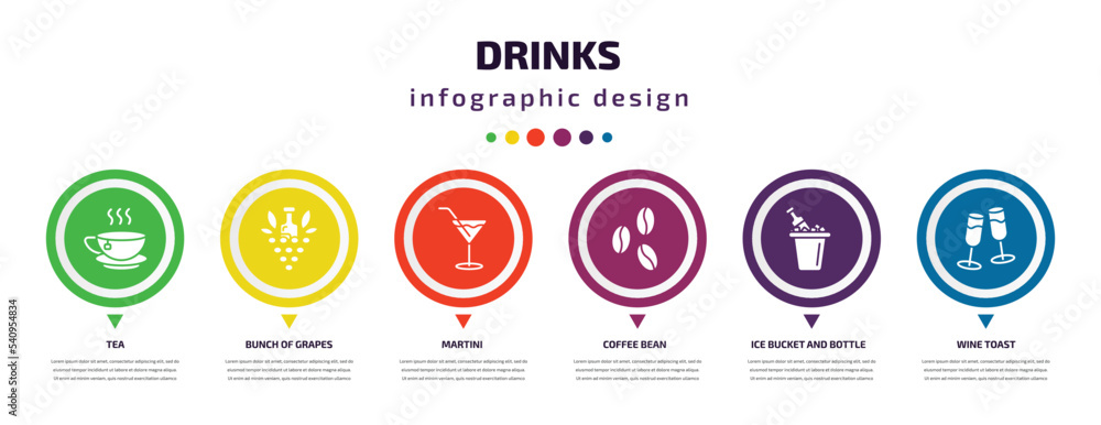 Poster drinks infographic element with icons and 6 step or option. drinks icons such as tea, bunch of grape