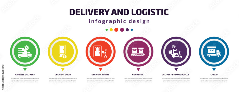 Poster delivery and logistic infographic element with icons and 6 step or option. delivery and logistic ico