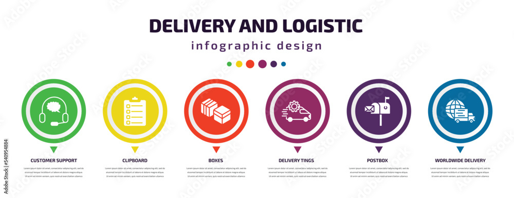 Poster delivery and logistic infographic element with icons and 6 step or option. delivery and logistic ico