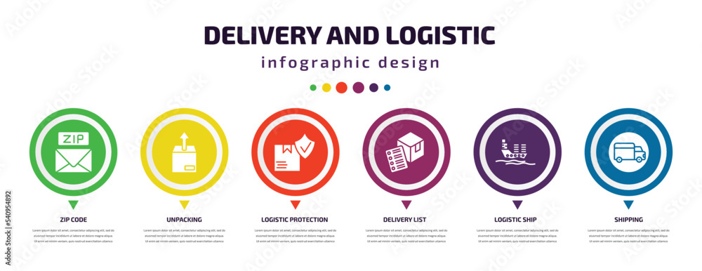 Poster delivery and logistic infographic element with icons and 6 step or option. delivery and logistic ico