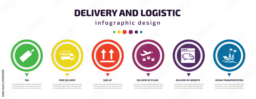 Aufkleber delivery and logistic infographic element with icons and 6 step or option. delivery and logistic ico