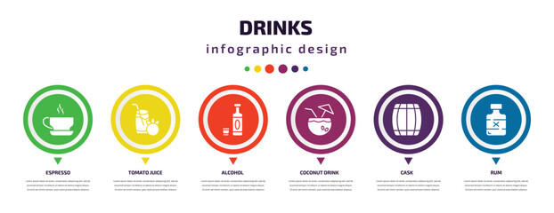 drinks infographic element with icons and 6 step or option. drinks icons such as espresso, tomato juice, alcohol, coconut drink, cask, rum vector. can be used for banner, info graph, web,