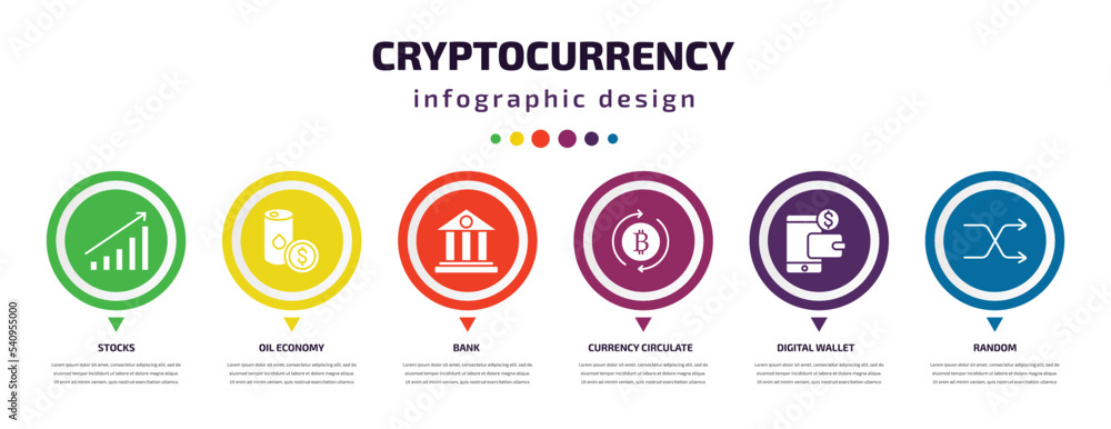 Poster cryptocurrency infographic element with icons and 6 step or option. cryptocurrency icons such as sto