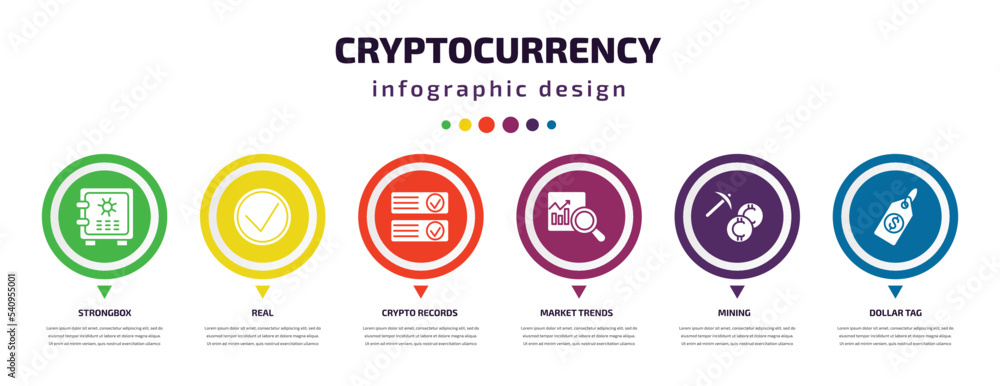Poster cryptocurrency infographic element with icons and 6 step or option. cryptocurrency icons such as str