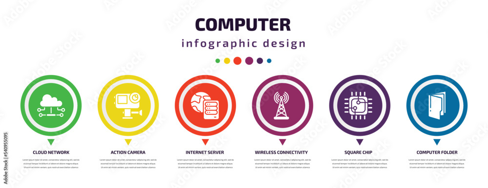 Poster computer infographic element with icons and 6 step or option. computer icons such as cloud network, 
