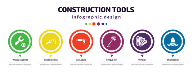 construction tools infographic element with icons and 6 step or option. construction tools icons such as wrench and nut, iron soldering, caulk gun, antique key, pantone, traffic cone vector. can be