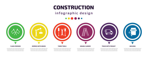 construction infographic element with icons and 6 step or option. construction icons such as flags crossed, derrick with boxes, three tools, double ladder, truck with freight, welding vector. can be