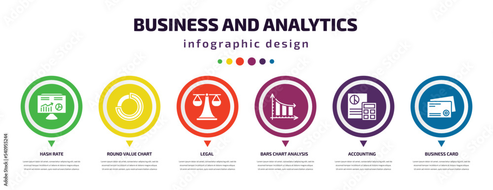 Poster business and analytics infographic element with icons and 6 step or option. business and analytics i