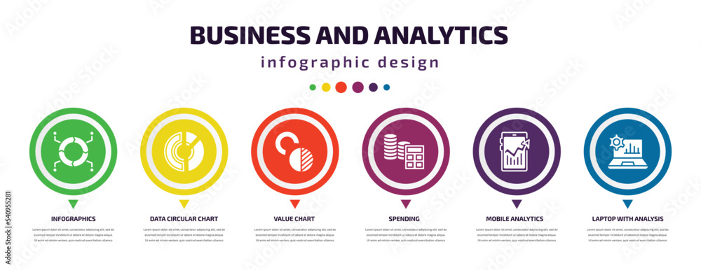 Aufkleber business and analytics infographic element with icons and 6 step or option. business and analytics i