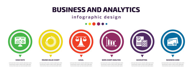 business and analytics infographic element with icons and 6 step or option. business and analytics icons such as hash rate, round value chart, legal, bars chart analysis, accounting, business card