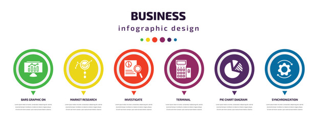 business infographic element with icons and 6 step or option. business icons such as bars graphic on screen, market research, investigate, terminal, pie chart diagram, synchronization vector. can be