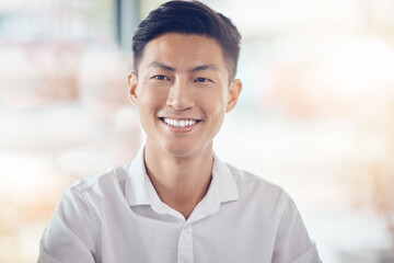 Asian, businessman and portrait smile with happy vision for success against a bokeh background....