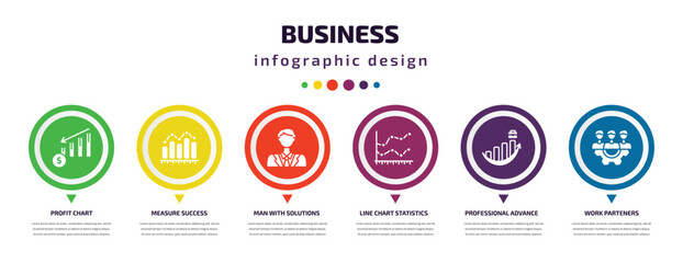 business infographic element with icons and 6 step or option. business icons such as profit chart, measure success, man with solutions, line chart statistics, professional advance, work parteners