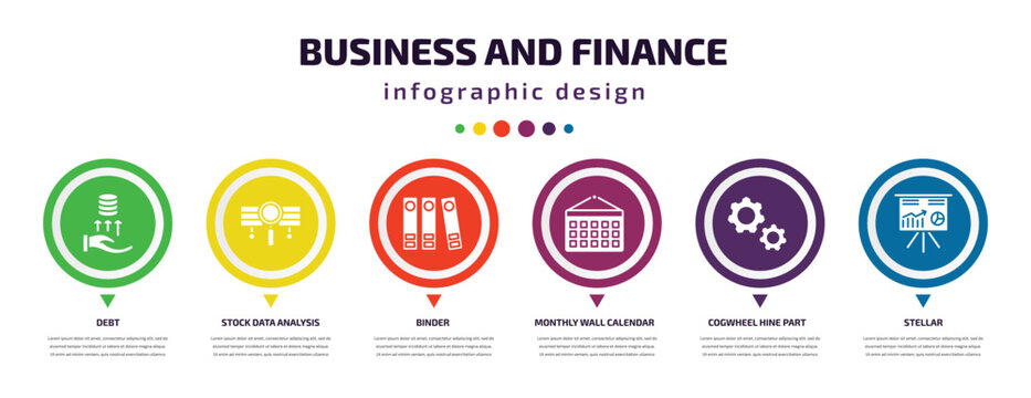 business and finance infographic element with icons and 6 step or option. business and finance icons such as debt, stock data analysis, binder, monthly wall calendar, cogwheel hine part, stellar