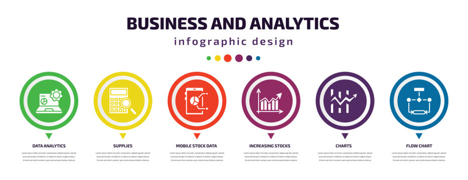 business and analytics infographic element with icons and 6 step or option. business and analytics icons such as data analytics, supplies, mobile stock data, increasing stocks, charts, flow chart