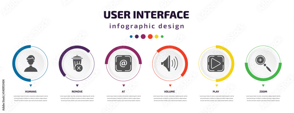 Poster user interface infographic element with icons and 6 step or option. user interface icons such as hum