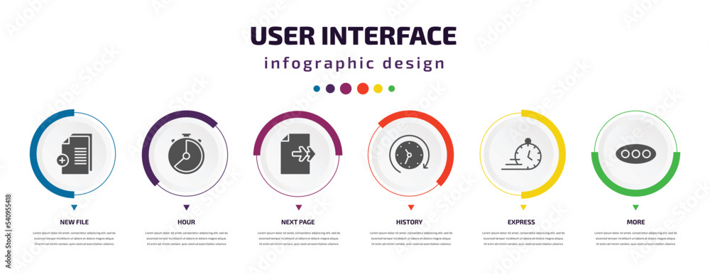 Poster user interface infographic element with icons and 6 step or option. user interface icons such as new