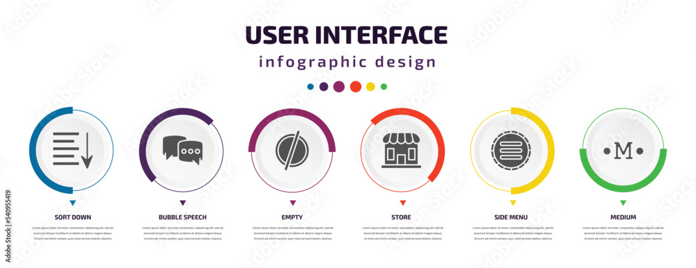 Poster user interface infographic element with icons and 6 step or option. user interface icons such as sor