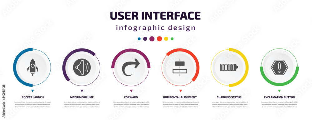Poster user interface infographic element with icons and 6 step or option. user interface icons such as roc