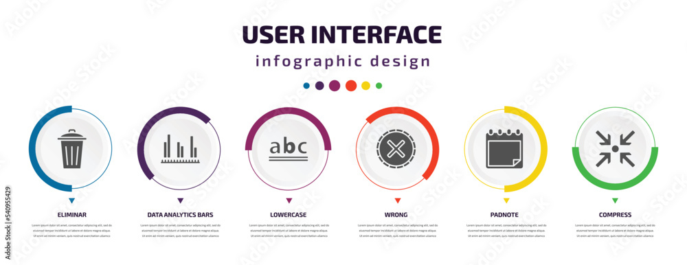 Poster user interface infographic element with icons and 6 step or option. user interface icons such as eli