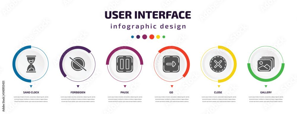Poster user interface infographic element with icons and 6 step or option. user interface icons such as san